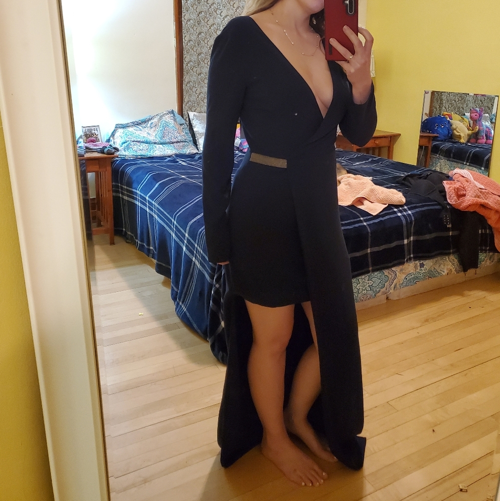 Halston Heritage navy blue high low gown 4